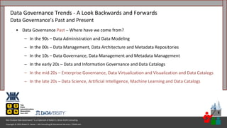 Copyright © 2023 Robert S. Seiner – KIK Consulting & Educational Services / TDAN.com
Non-Invasive Data Governance™ is a trademark of Robert S. Seiner & KIK Consulting
6
• Data Governance Past – Where have we come from?
– In the 90s – Data Administration and Data Modeling
– In the 00s – Data Management, Data Architecture and Metadata Repositories
– In the 10s – Data Governance, Data Management and Metadata Management
– In the early 20s – Data and Information Governance and Data Catalogs
– In the mid 20s – Enterprise Governance, Data Virtualization and Visualization and Data Catalogs
– In the late 20s – Data Science, Artificial Intelligence, Machine Learning and Data Catalogs
Data Governance Trends - A Look Backwards and Forwards
Data Governance’s Past and Present
 