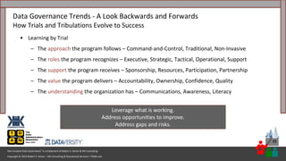 Copyright © 2023 Robert S. Seiner – KIK Consulting & Educational Services / TDAN.com
Non-Invasive Data Governance™ is a trademark of Robert S. Seiner & KIK Consulting
11
• Learning by Trial
– The approach the program follows – Command-and-Control, Traditional, Non-Invasive
– The roles the program recognizes – Executive, Strategic, Tactical, Operational, Support
– The support the program receives – Sponsorship, Resources, Participation, Partnership
– The value the program delivers – Accountability, Ownership, Confidence, Quality
– The understanding the organization has – Communications, Awareness, Literacy
Data Governance Trends - A Look Backwards and Forwards
How Trials and Tribulations Evolve to Success
Leverage what is working.
Address opportunities to improve.
Address gaps and risks.
 