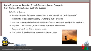 Copyright © 2023 Robert S. Seiner – KIK Consulting & Educational Services / TDAN.com
Non-Invasive Data Governance™ is a trademark of Robert S. Seiner & KIK Consulting
14
• Definition of Success
– Purpose statement focuses on success. Such as “Use strategic data with confidence”.
– Incremental success beginning early. Low hanging fruit if available.
– Improved … access, availability, compliance, confidence, protection, quality, understanding, …
– Improved … accountability, collaboration, cooperation, coordination, …
– Revenue driven from data. In extreme cases.
– Cost Savings driven from data. More practical expectation.
Data Governance Trends - A Look Backwards and Forwards
How Trials and Tribulations Evolve to Success
 