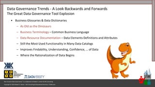 Copyright © 2023 Robert S. Seiner – KIK Consulting & Educational Services / TDAN.com
Non-Invasive Data Governance™ is a trademark of Robert S. Seiner & KIK Consulting
22
• Business Glossaries & Data Dictionaries
– As Old as the Dinosaurs
– Business Terminology – Common Business Language
– Data Resource Documentation – Data Elements Definitions and Attributes
– Still the Most Used Functionality in Many Data Catalogs
– Improves Findability, Understanding, Confidence, … of Data
– Where the Rationalization of Data Begins
Data Governance Trends - A Look Backwards and Forwards
The Great Data Governance Tool Explosion
 