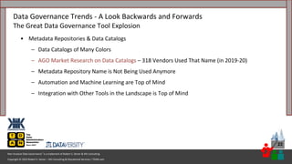 Copyright © 2023 Robert S. Seiner – KIK Consulting & Educational Services / TDAN.com
Non-Invasive Data Governance™ is a trademark of Robert S. Seiner & KIK Consulting
23
• Metadata Repositories & Data Catalogs
– Data Catalogs of Many Colors
– AGO Market Research on Data Catalogs – 318 Vendors Used That Name (in 2019-20)
– Metadata Repository Name is Not Being Used Anymore
– Automation and Machine Learning are Top of Mind
– Integration with Other Tools in the Landscape is Top of Mind
Data Governance Trends - A Look Backwards and Forwards
The Great Data Governance Tool Explosion
 