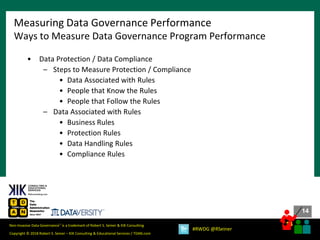 14
14
Copyright © 2018 Robert S. Seiner – KIK Consulting & Educational Services / TDAN.com
Non-Invasive Data Governance™ is a trademark of Robert S. Seiner & KIK Consulting
#RWDG @RSeiner
• Data Protection / Data Compliance
– Steps to Measure Protection / Compliance
• Data Associated with Rules
• People that Know the Rules
• People that Follow the Rules
– Data Associated with Rules
• Business Rules
• Protection Rules
• Data Handling Rules
• Compliance Rules
Measuring Data Governance Performance
Ways to Measure Data Governance Program Performance
 