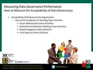 19
19
Copyright © 2018 Robert S. Seiner – KIK Consulting & Educational Services / TDAN.com
Non-Invasive Data Governance™ is a trademark of Robert S. Seiner & KIK Consulting
#RWDG @RSeiner
• Acceptability of Program by the Organization
– Successful Completion of Working Team Activities
• Issues Addressed by these Activities
• Improvements Based on Working Team Activities
• People Engaged in these Activities
• Time Spent on these Activities
Measuring Data Governance Performance
How to Measure the Acceptability of Data Governance
 
