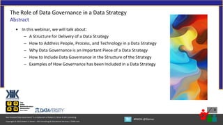 Copyright © 2022 Robert S. Seiner – KIK Consulting & Educational Services / TDAN.com
Non-Invasive Data Governance™ is a trademark of Robert S. Seiner & KIK Consulting
#RWDG @RSeiner
3
• In this webinar, we will talk about:
– A Structure for Delivery of a Data Strategy
– How to Address People, Process, and Technology in a Data Strategy
– Why Data Governance is an Important Piece of a Data Strategy
– How to Include Data Governance in the Structure of the Strategy
– Examples of How Governance has been Included in a Data Strategy
The Role of Data Governance in a Data Strategy
Abstract
 