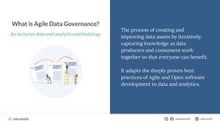 datadotworld data.world
The Cloud Data Catalog
What is Agile Data Governance?
The process of creating and
improving data assets by iteratively
capturing knowledge as data
producers and consumers work
together so that everyone can beneﬁt.
It adapts the deeply proven best
practices of Agile and Open software
development to data and analytics.
datadotworld data.world
The Cloud-Native Data Catalog datadotworld data.world
An inclusive data and analytics methodology
 