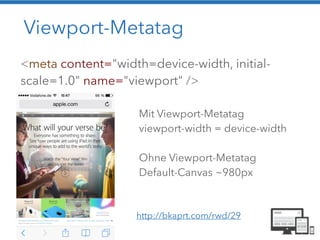 Viewport-Metatag 
<meta content="width=device-width, initial-scale= 
1.0" name="viewport" /> 
Mit Viewport-Metatag 
viewport-width = device-width 
! 
Ohne Viewport-Metatag 
Default-Canvas ~980px 
http://bkaprt.com/rwd/29 
 