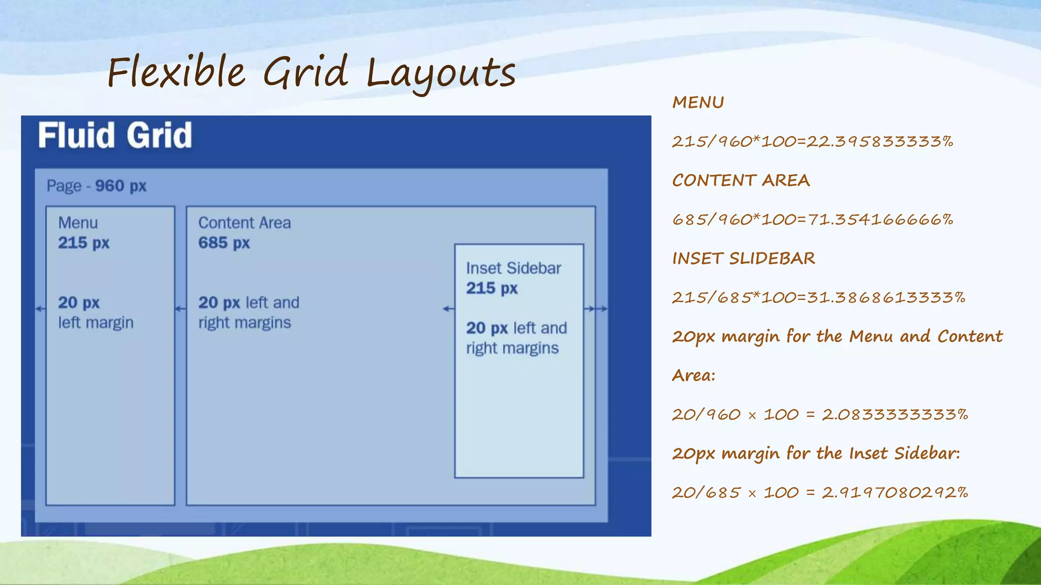 Flexible Grid Layouts
MENU
215/960*100=22.395833333%
CONTENT AREA
685/960*100=71.354166666%
INSET SLIDEBAR
215/685*100=31.3868613333%
20px margin for the Menu and Content
Area:
20/960 × 100 = 2.0833333333%
20px margin for the Inset Sidebar:
20/685 × 100 = 2.9197080292%
 
