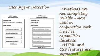 ->methods are
not completely
reliable unless
used in
conjunction with
a device
capabilities
database
->HTML and
CSS features are
supported
User Agent Detection
 