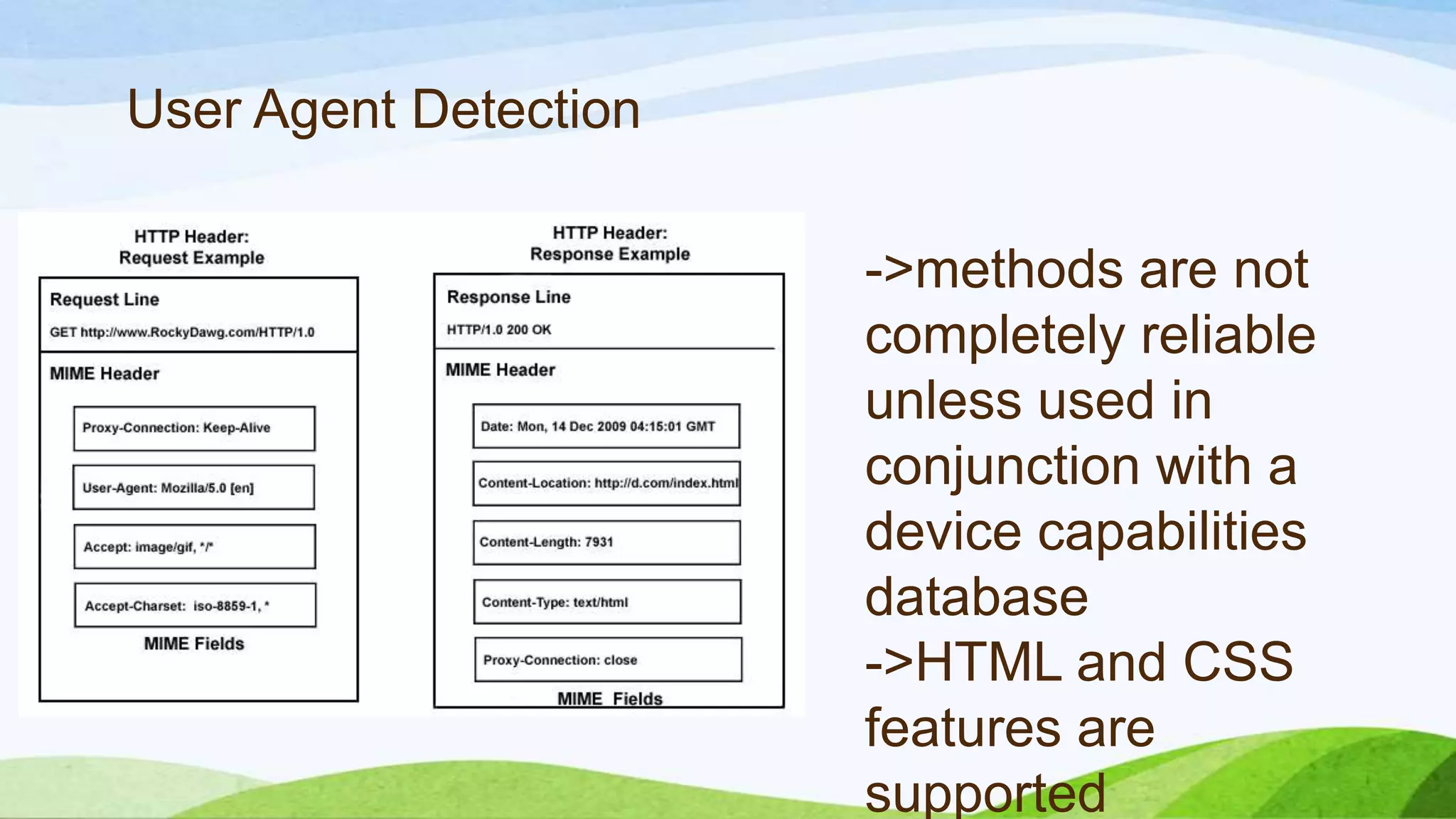 ->methods are
not completely
reliable unless
used in
conjunction with
a device
capabilities
database
->HTML and
CSS features are
supported
User Agent Detection
 
