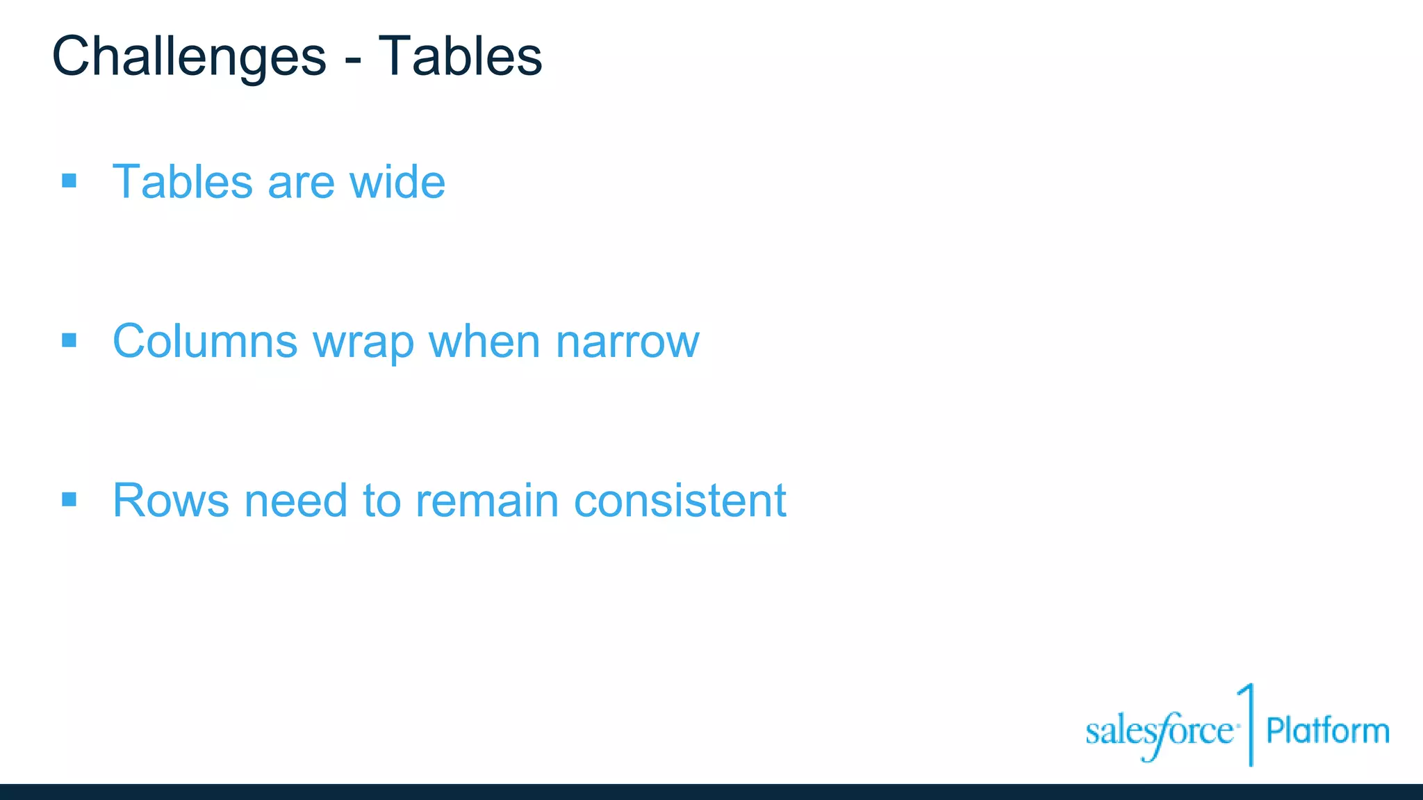 Challenges - Tables
 Tables are wide
 Columns wrap when narrow
 Rows need to remain consistent
 