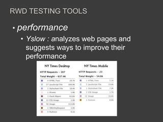 RWD TESTING TOOLS 
• performance 
• Yslow : analyzes web pages and 
suggests ways to improve their 
performance 
 