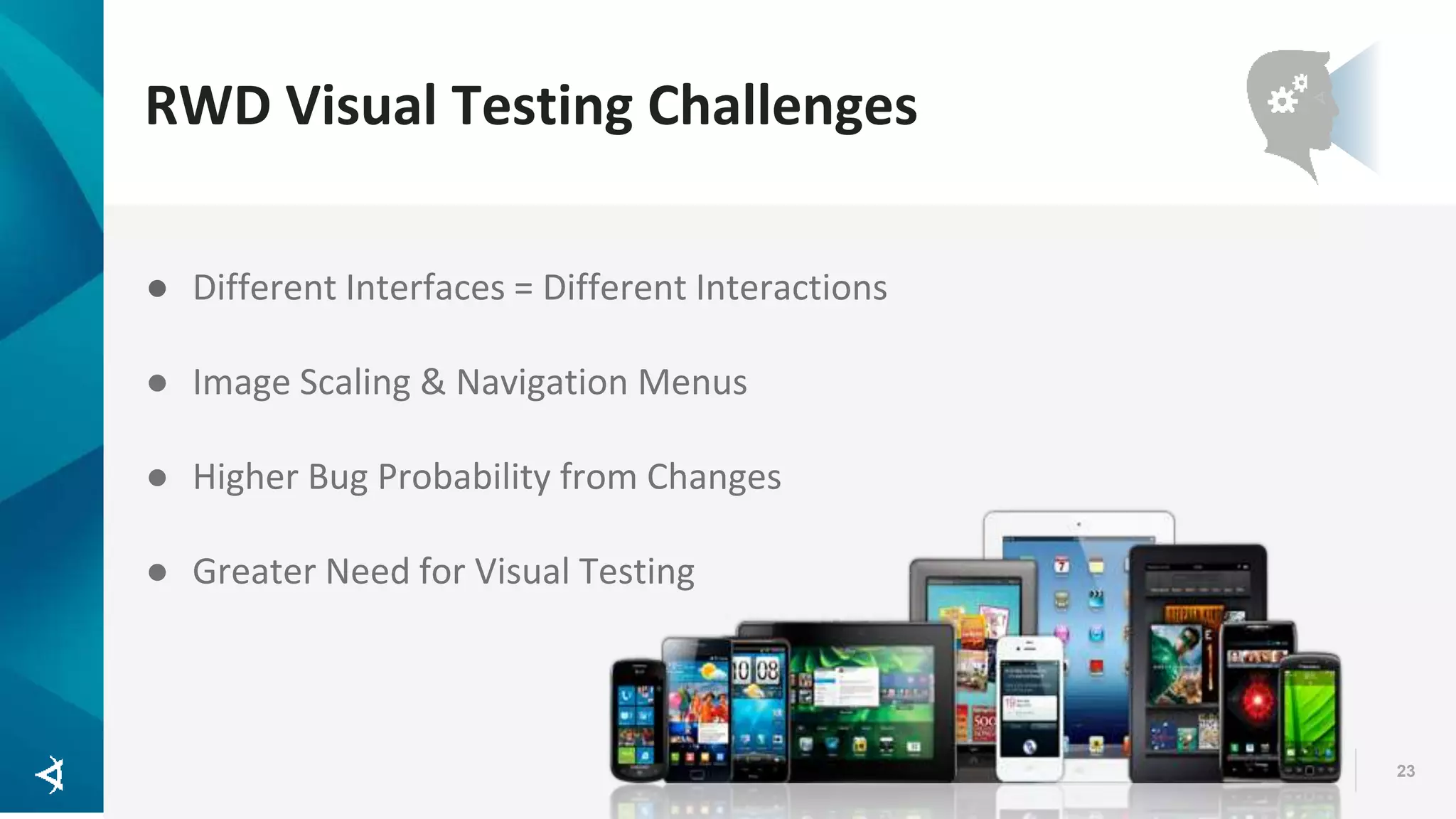 RWD Visual Testing Challenges 23 ● Different Interfaces = Different Interactions ● Image Scaling & Navigation Menus ● Higher Bug Probability from Changes ● Greater Need for Visual Testing 