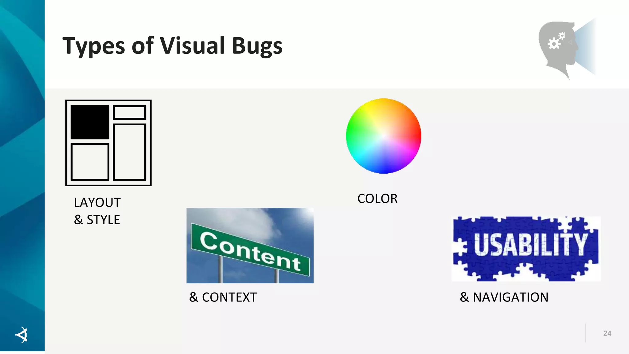 Types of Visual Bugs 24 LAYOUT & STYLE COLOR & NAVIGATION& CONTEXT 