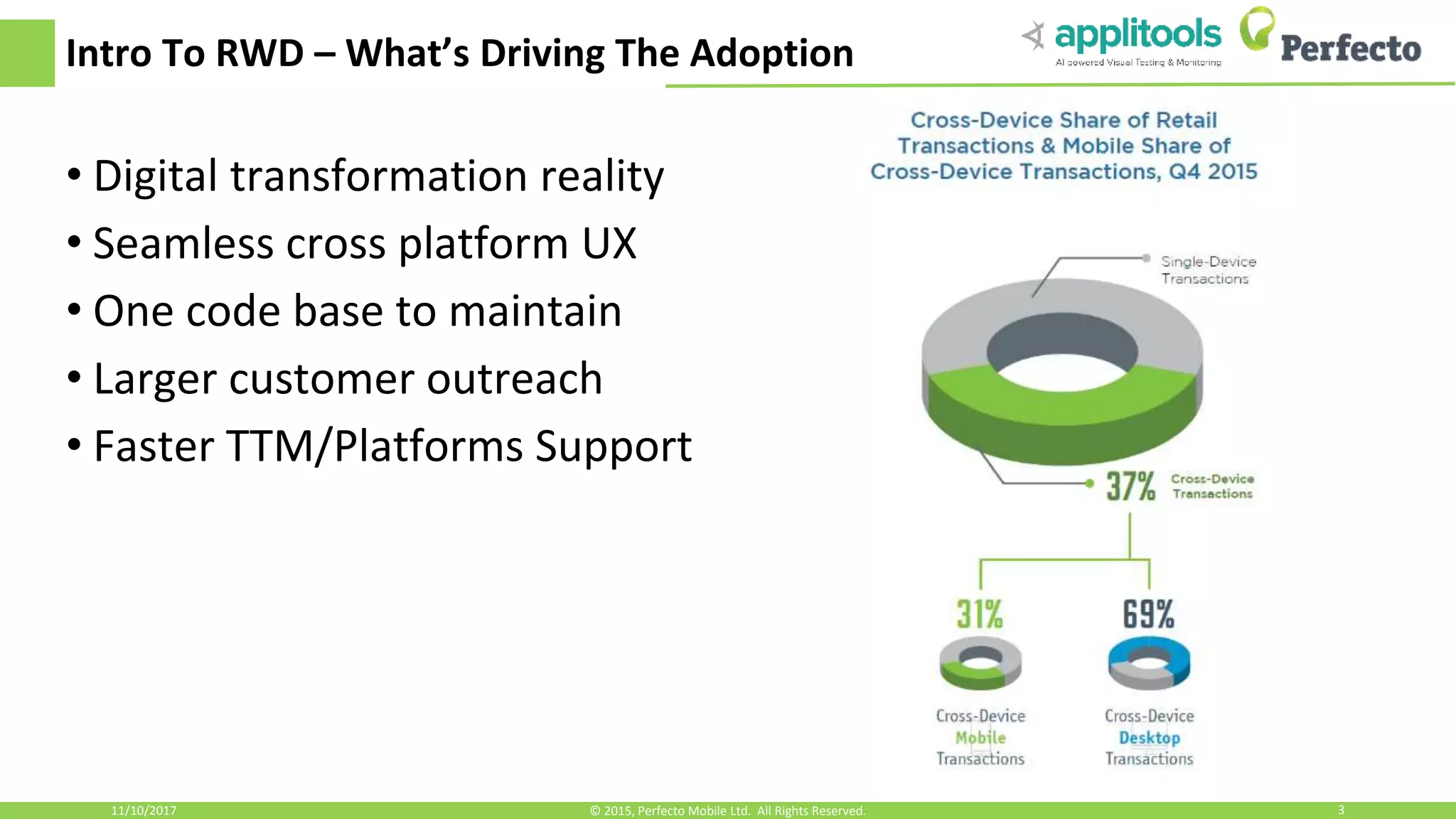 Intro To RWD – What’s Driving The Adoption • Digital transformation reality • Seamless cross platform UX • One code base to maintain • Larger customer outreach • Faster TTM/Platforms Support 11/10/2017 3© 2015, Perfecto Mobile Ltd. All Rights Reserved. 