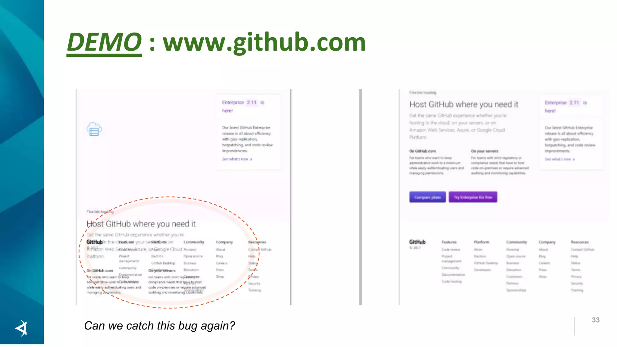 DEMO : www.github.com 33 Can we catch this bug again? 