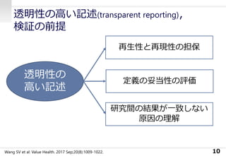 透明性の高い記述(transparent reporting)，
検証の前提
10
透明性の
高い記述
再生性と再現性の担保
定義の妥当性の評価
研究間の結果が一致しない
原因の理解
Wang SV et al: Value Health. 2017 Sep;20(8):1009-1022.
 