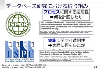 データベース研究における取り組み
15
プロセスに関する透明性
➡何を計画したか
実施に関する透明性
➡実際に何をしたか
Berger ML et al: Value Health. 2017 Sep;20(8):1003-1008.
Wang SV et al: Value Health. 2017 Sep;20(8):1009-1022.
 