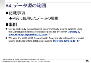 A4. データ源の範囲
◼記載事項
◆研究に使用したデータの期間
◼事例
⚫ Our cohort study was conducted in commercially insured patients using
the MarketScan health care database provided by Truven (January 1,
2003, through September 30, 2009).[1]
⚫ We used the 2000-2014 Truven Health Analytics MarketScan Commercial
Claims and Encounters databases covering the years 2000 to 2014.[2]
25
[1] Fralick M et al: JAMA Intern Med. 2018 Jan 1;178(1):55-63.
[2] Seamans MJ et al: JAMA Intern Med. 2018 Jan 1;178(1):102-109.
 