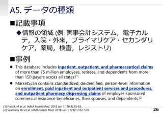 A5. データの種類
◼記載事項
◆情報の領域 (例: 医事会計システム，電子カル
テ，入院・外来，プライマリケア・セカンダリ
ケア，薬局，検査，レジストリ)
◼事例
⚫ This database includes inpatient, outpatient, and pharmaceutical claims
of more than 75 million employees, retirees, and dependents from more
than 150 payers across all states.[1]
⚫ MarketScan contains standardized, deidentified, person-level information
on enrollment, paid inpatient and outpatient services and procedures,
and outpatient pharmacy dispensing claims of employer-sponsored
commercial insurance beneficiaries, their spouses, and dependents.[2]
26
[1] Fralick M et al: JAMA Intern Med. 2018 Jan 1;178(1):55-63.
[2] Seamans MJ et al: JAMA Intern Med. 2018 Jan 1;178(1):102-109.
 