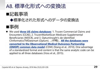 A8. 標準化形式への変換法
◼記載事項
◆標準化された形式へのデータの変換法
◼事例
⚫ We used three US claims databases: 1. Truven Commercial Claims and
Encounters (CCAE), 2. TruvenMarketScan Medicare Supplemental
Beneficiaries (MDCR), and 3. OptumInsight‘s de‐identified
ClinformaticsTMDatamart (Optum). …(中略)… All the databases were
converted to the Observational Medical Outcomes Partnership
(OMOP) common data model (CDM) (Stang et al., 2010). One advantage
of a standardized format and content is that the same analytic code can be
applied to all three databases (Voss et al., 2015).
29Cepeda MS et al: Depress Anxiety. 2018 Mar;35(3):220-228.
 