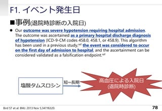 F1. イベント発生日
◼事例(退院時診断の入院日)
⚫ Our outcome was severe hypotension requiring hospital admission.
The outcome was ascertained as a primary hospital discharge diagnosis
of hypotension (ICD-9-CM codes 458.0, 458.1, or 458.9). This algorithm
has been used in a previous study,ref the event was considered to occur
on the first day of admission to hospital, and the ascertainment can be
considered validated as a falsification endpoint.ref
78Bird ST et al: BMJ. 2013 Nov 5;347:f6320.
高血圧による入院日
(退院時診断)塩酸タムスロシン
短~長期
 
