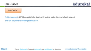 Use-Cases 
Use-Case #3 
Problem statement : LAPD (Los Angles Police department) wants to predict the crime before it occurred. 
They can use predictive modelling technique in R. 
Slide 30 Twitter @edurekaIN, Facebook /edurekaIN, use #askEdureka for Questions www.edureka.co/r-for-analytics 
 
