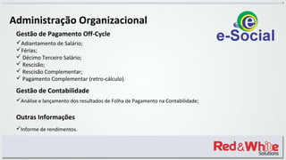 Administração Organizacional
Gestão de Pagamento Off-Cycle
Adiantamento de Salário;
Férias;
 Décimo Terceiro Salário;
 Rescisão;
 Rescisão Complementar;
 Pagamento Complementar (retro-cálculo).
Gestão de Contabilidade
Análise e lançamento dos resultados de Folha de Pagamento na Contabilidade;
Outras Informações
Informe de rendimentos.
 