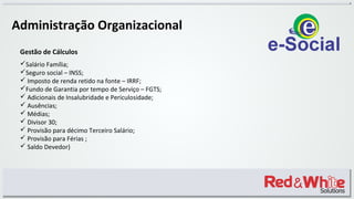 Administração Organizacional
Gestão de Cálculos
Salário Família;
Seguro social – INSS;
 Imposto de renda retido na fonte – IRRF;
Fundo de Garantia por tempo de Serviço – FGTS;
 Adicionais de Insalubridade e Periculosidade;
 Ausências;
 Médias;
 Divisor 30;
 Provisão para décimo Terceiro Salário;
 Provisão para Férias ;
 Saldo Devedor)
 
