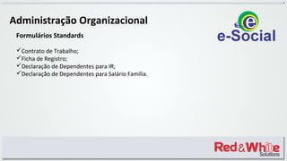 Administração Organizacional
Formulários Standards
Contrato de Trabalho;
Ficha de Registro;
Declaração de Dependentes para IR;
Declaração de Dependentes para Salário Família.
 