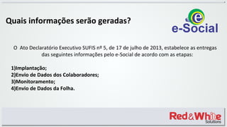 Quais informações serão geradas?
O Ato Declaratório Executivo SUFIS nº 5, de 17 de julho de 2013, estabelece as entregas
das seguintes informações pelo e-Social de acordo com as etapas:
1)Implantação;
2)Envio de Dados dos Colaboradores;
3)Monitoramento;
4)Envio de Dados da Folha.
 