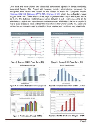 Once built, the wind turbines and associated components operate in almost completely 
automated fashion. The Project will, however, employ administrative personnel. No 
anticipated wind turbine was chosen for the Project but there are 3 proposed models 
(Enercon E-82 E3, Siemens SWT-3-101, Enercon E-126) which the co-founders would 
suggest to be used. These wind turbines begin to generate electricity at wind speed as low 
as 3 m/s. This turbine’s rotational speed varies between 6 and 14 rpm depending on the 
wind velocity. High-speed shutdown occurs when constant wind velocity exceeds roughly 30 
m/s to avoid excessive wear and tear that may shorten the turbine’s useful life. Each wind 
turbine has a computer to control critical functions, monitor wind conditions, and report data. 
Figure 2: Enercon E-82 E3 Power Curve (DS) Figure 3: Enercon E-126 Power Curve (DS) 
Figure 4: 3 Turbine Models Power Curves (Excel) Figure 5: Empirical Calculation for This Location 
Figure 6: Profit & Loss (Yearly) – 90MW Figure 7: Monthly Break Even Analysis – 90MW 
Page 3 
 