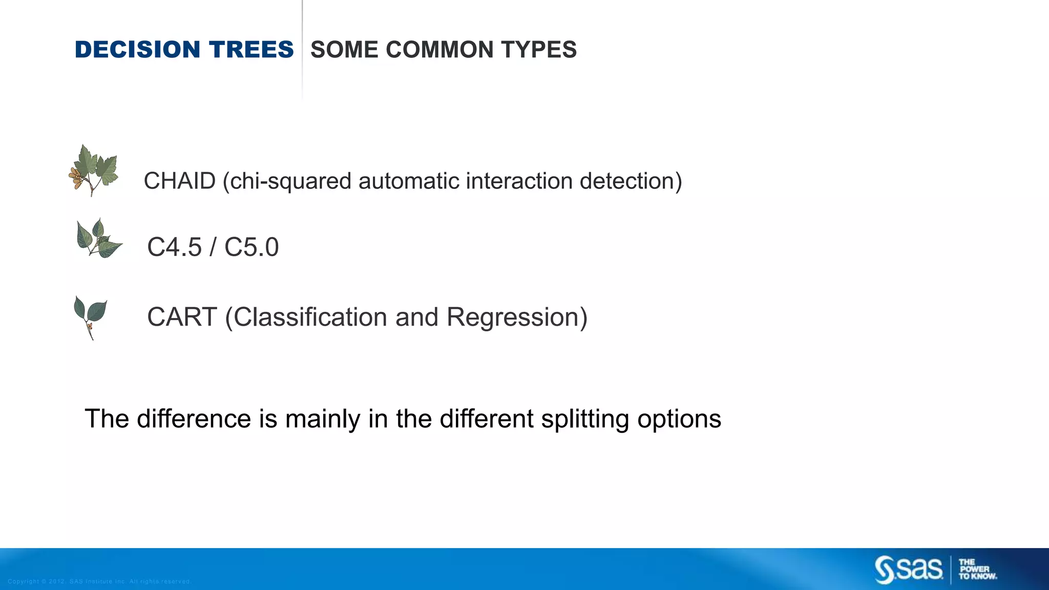 Copyright © 2012, SAS Institute Inc. All rights reserv ed.
DECISION TREES REGRESSION & CLASSIFICATION
Target X1 X2 X3 X4 X5
Y 12 A 456 1.2 X
N 21 B 456 1.5 X
Y 32 A 545 1.3 U
Y 34 C 443 1.1 U
N 23 A 345 1.7 U
N 13 B 567 1.2 X
N 45 A 654 1.9 X
… … … … … …
… … … … … …
Y 46 A 657 2.1 X
A recursive splitting algorithm:
1. Loop trough all inputs
2. Determine per input how to split
3. Take the best input to split
4. On the two new data sets apply 1,2,3 again….
5. Stop somewhere….
• How to split X1 or X2 ?
• When to stop?
 