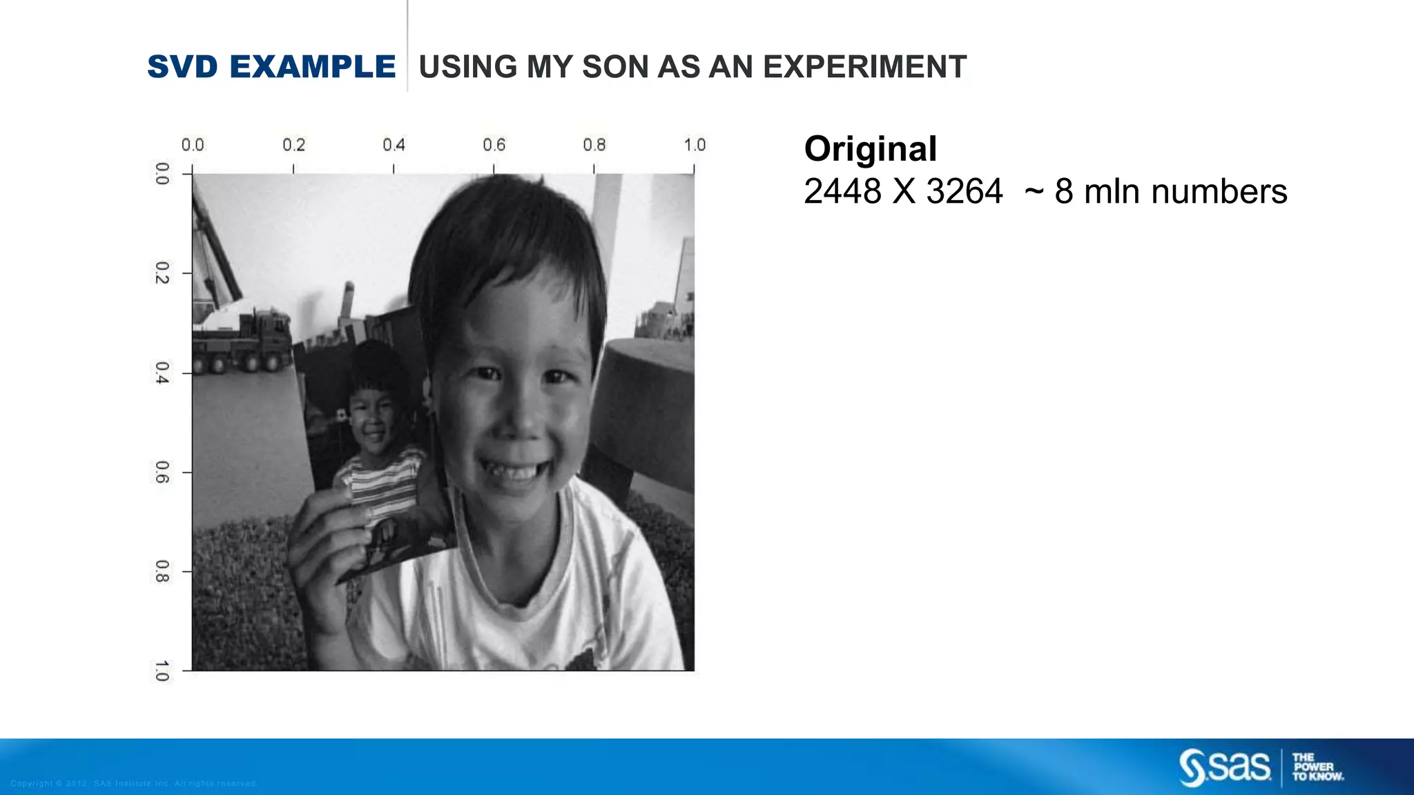 Copyright © 2012, SAS Institute Inc. All rights reserv ed.
PRINCIPLE
COMPONENTS
ANALYSIS
The Math behind
P = X W
𝑝11 𝑝21
.
.
.
.
.
.
𝑝1𝑛 𝑝2𝑛
=
𝑥11 𝑥21.
.
.
.
.
.
𝑥1𝑛 𝑥2𝑛
𝑤11 𝑤21
𝑤12 𝑤22
w11 and w12 are the loadings corresponding to the first principle component.
w21 and w22 are the loadings corresponding to the second principle component.
With two dimensions In general
It turns out that the columns of W
Are the eigenvalue vectors of the matrix XTX
 