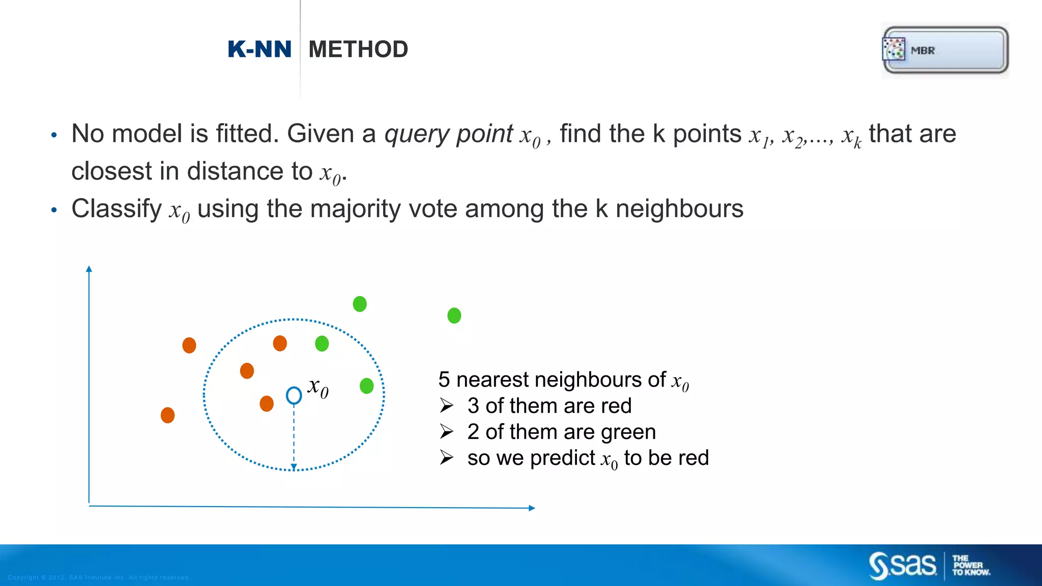 Copyright © 2012, SAS Institute Inc. All rights reserv ed.
Support vector machines (SVM)
 Suppose we have a separable classification problem.
 Find a linear decision boundary between the two groups with
maxium margin M. So green line would be better than blue line.
 If not separable you have to allow that some points are on the
wrong side. These points are penalized. SVM still maximizes the
margin M, but with the constraint that total penalty is smaller than
C.
 The input space might not be linear. We could apply non linear
mappings to the inputs: I.e. x2 , x3 , of spline(x).
 The beauty of SVM is that in the calculations of the decision
boundary we do not need to explicitly use these transformations
 “The kernel trick”
 
