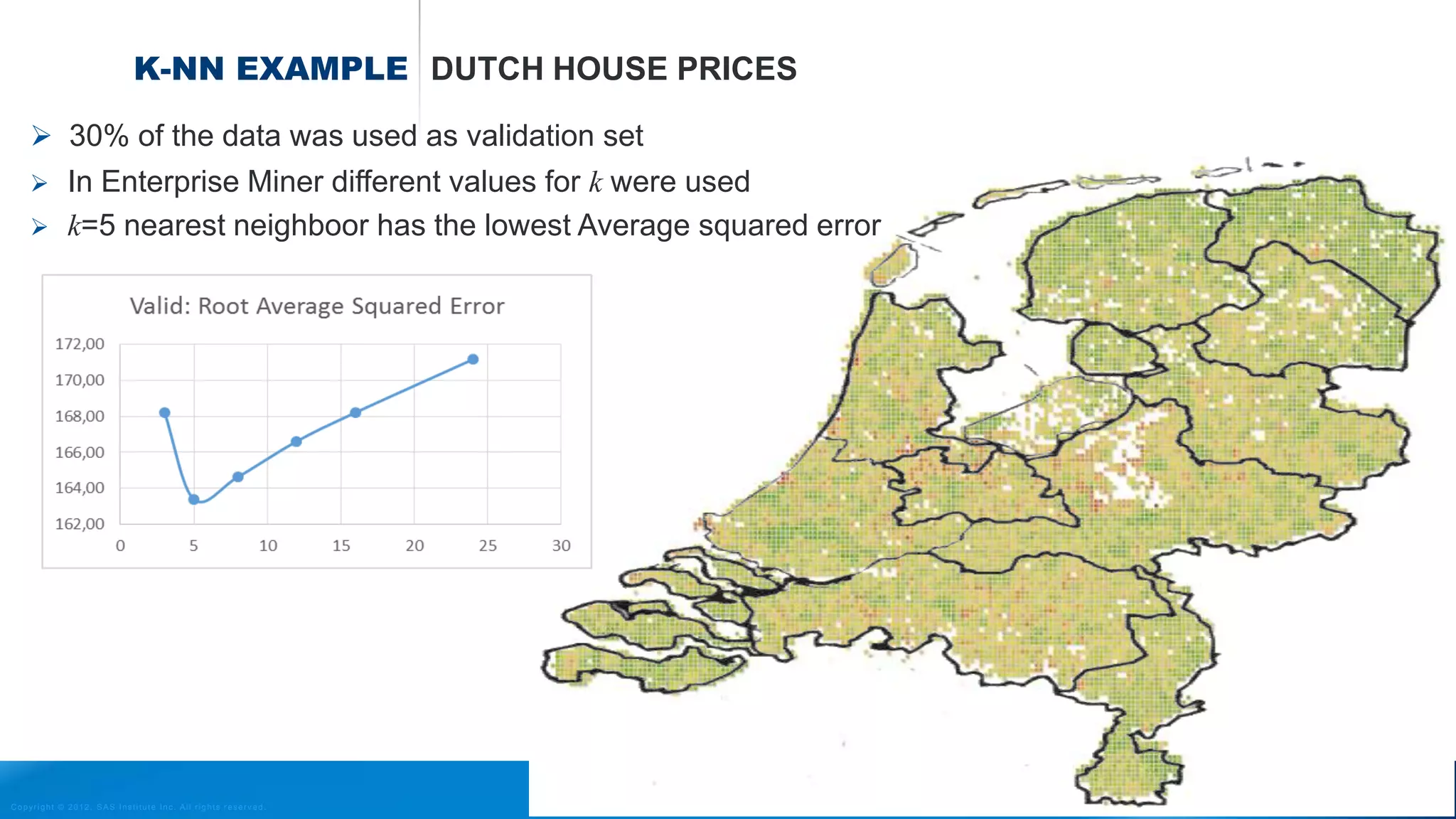 Copyright © 2012, SAS Institute Inc. All rights reserv ed.
K-NN METHOD
• No model is fitted. Given a query point x0 , find the k points x1, x2,..., xk that are
closest in distance to x0.
• Classify x0 using the majority vote among the k neighbours
x0
5 nearest neighbours of x0
 3 of them are red
 2 of them are green
 so we predict x0 to be red
 