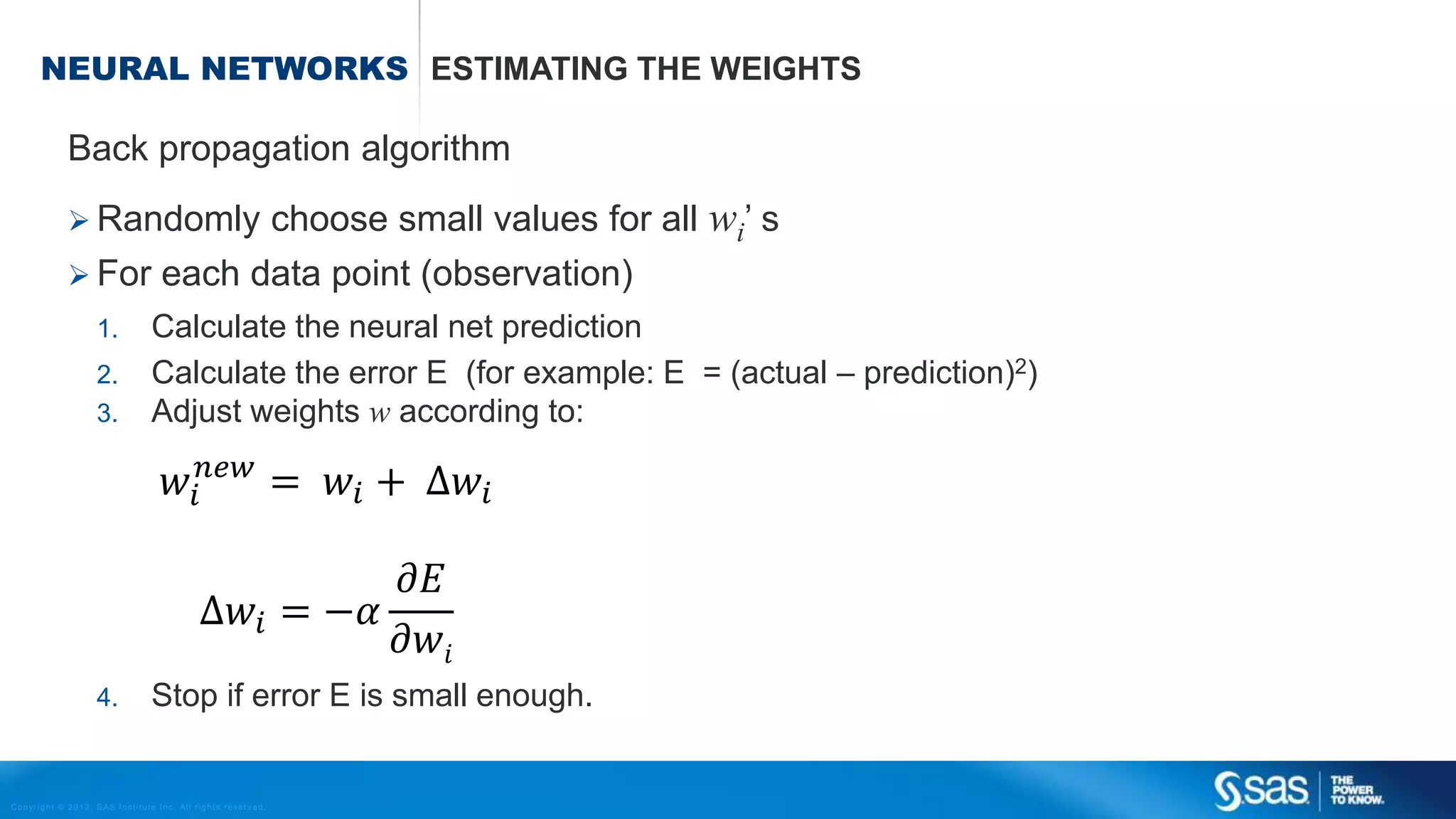Copyright © 2012, SAS Institute Inc. All rights reserv ed.
K-NN EXAMPLE DUTCH HOUSE PRICES
 30% of the data was used as validation set
 In Enterprise Miner different values for k were used
 k=5 nearest neighboor has the lowest Average squared error
 