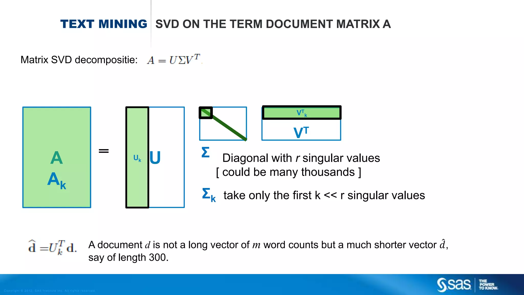 Copyright © 2012, SAS Institute Inc. All rights reserv ed.
BAYESIAN NETWORKS -- ACYCLIC GRAPHICAL MODELS
• Nodes represent random variables,
• Links between nodes represent conditional dependencies,
• Conditional probabilty tables are derived from training data for each node,
• Random variables are typically
binary or discrete,
• The graph structure can be
learned from the data,
 