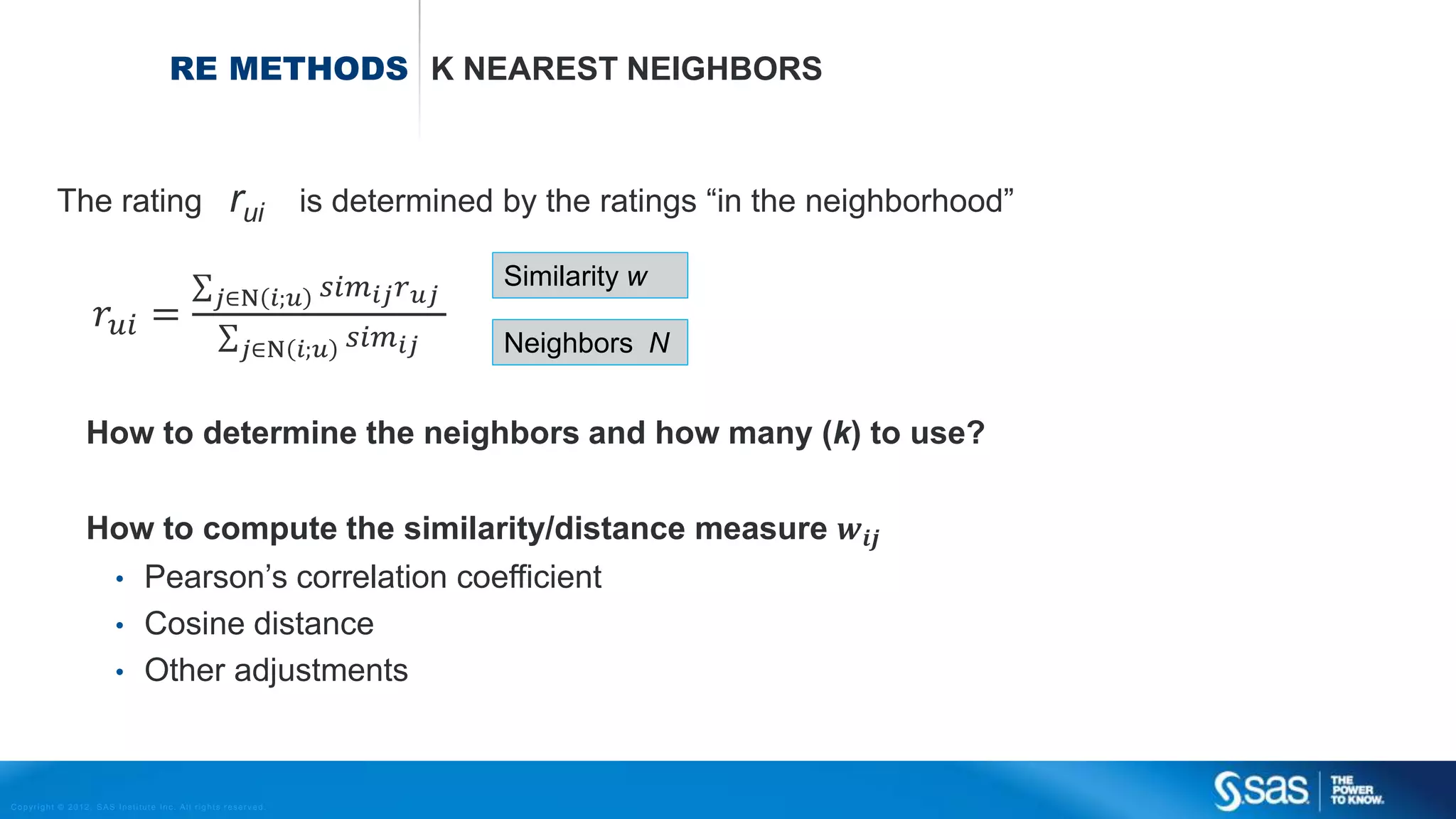 Copyright © 2012, SAS Institute Inc. All rights reserv ed.
TEXT MINING SVD ON THE TERM DOCUMENT MATRIX A
A document d is not a long vector of m word counts but a much shorter vector 𝑑,
say of length 300.
Matrix SVD decompositie:
Diagonal with r singular values
[ could be many thousands ]
UA
VT
═ Σ
take only the first k << r singular values
Uk
Ak
VT
k
═
Σk
 