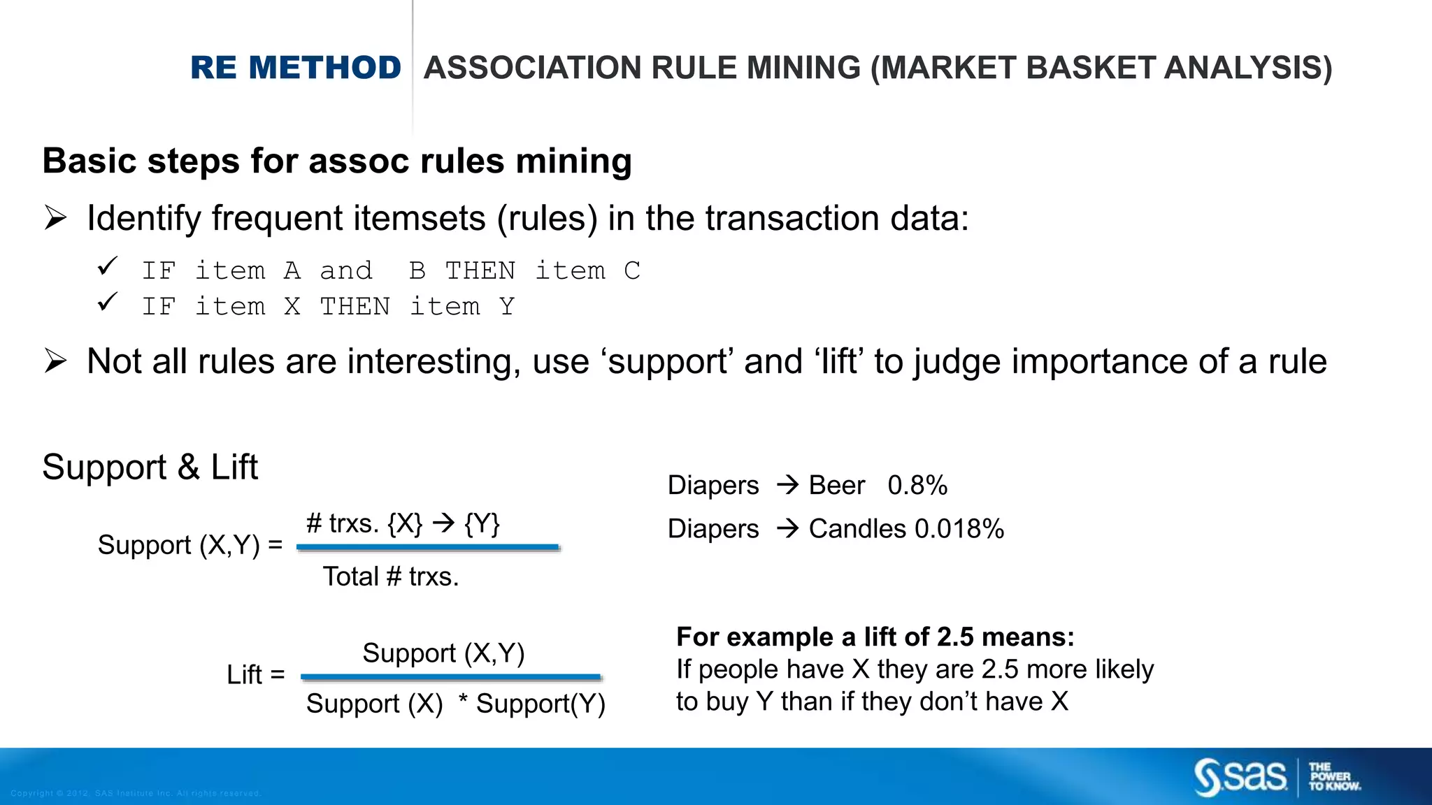 Copyright © 2012, SAS Institute Inc. All rights reserv ed.
RE METHODS SLOPE ONE
 Y = x + b with slope equal to 1;
 See notes
 Item-item based
𝑟𝑢𝑖 =
𝑗 𝑤 𝑖𝑗 𝑟 𝑢𝑗
𝑗 𝑤 𝑖𝑗
 Weight wij: the number of users having rated both items i and j;
 Rating ruj : the average rating computed from item j;
Sample rating database
Customer Item A Item B Item C
John 5 3 2
Mark 3 4 ??
Lucy ?? 2 5
 
