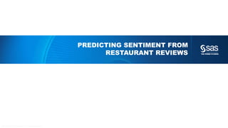 Copyright © 2012, SAS Institute Inc. All rights reserv ed.
PROC RECOMMEND recom = rs.IENS;
* Add a recommendation system;
ADD rs.IENS /item = item user = user rating = rating;
* Add tables;
ADDTABLE LHL1209.IENS_UIR / recom = rs.IENS type = rating vars=(item user rating);
* Method SVD LBFGS met 20 factoren ;
METHOD svd /
factors = 20
label = "svd" fconv = 1e-3
gconv = 1e-3 maxiter = 100
MAXFEVAL = 5000 function = L2
lamda = 0.2
technique = lbfgs;
RUN;
METHOD ARM /
label = "ARM" ;
RUN;
/* information on the recommender system */
INFO;
QUIT;
 