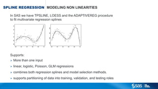 Copyright © 2012, SAS Institute Inc. All rights reserv ed.
LINEAR & LOGISTIC REGRESSION
Income = a + b × Age
Age
Income
Age
P(Churn)
1
0
P(Churn) =
1
1+𝐸𝑋𝑃(𝑎+𝑏 × Age)
Numeric target variable Binairy target variable
 