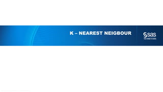 Copyright © 2012, SAS Institute Inc. All rights reserv ed.
Support vector machines (SVM)
 Suppose we have a separable classification problem.
 Find a linear decision boundary between the two groups with
maxium margin M. So green line would be better than blue line.
 If not separable you have to allow that some points are on the
wrong side. These points are penalized. SVM still maximizes the
margin M, but with the constraint that total penalty is smaller than
C.
 The input space might not be linear. We could apply non linear
mappings to the inputs: I.e. x2 , x3 , of spline(x).
 The beauty of SVM is that in the calculations of the decision
boundary we do not need to explicitly use these transformations
 “The kernel trick”
 