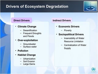 Drivers of Ecosystem Degradation Climate Change Desertification Frequent Droughts  and Floods Over-exploitation Groundwater Surface water Pollution Habitat Change Urbanization Soil Erosion Large Dams Direct Drivers Indirect Drivers Economic Drivers Poverty Sociopolitical Drivers Insensibility  of Water Resource Limitation Centralization of Water Supply 