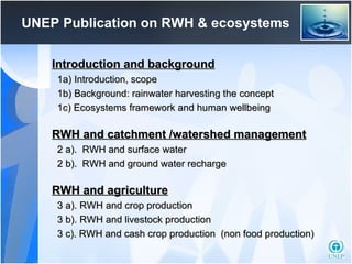 UNEP   P ublication   on  RWH  &  ecosyst e m s Introduction and background 1a) Introduction, scope 1b) Background: rainwater harvesting the concept 1c) Ecosystems framework and human wellbeing RWH and catchment /watershed management   2 a).  RWH and surface water 2 b).  RWH and ground water recharge RWH and agriculture   3 a). RWH and crop production 3 b). RWH and livestock production 3 c). RWH and cash crop production  (non food production) 