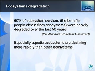 Ecosystems degradation 60% of ecosystem services (the benefits people obtain from ecosystems) were heavily degraded over the last 50 years   (the Millennium Ecosystem Assessment) Especially aquatic ecosystems are declining more rapidly than other ecosystems  