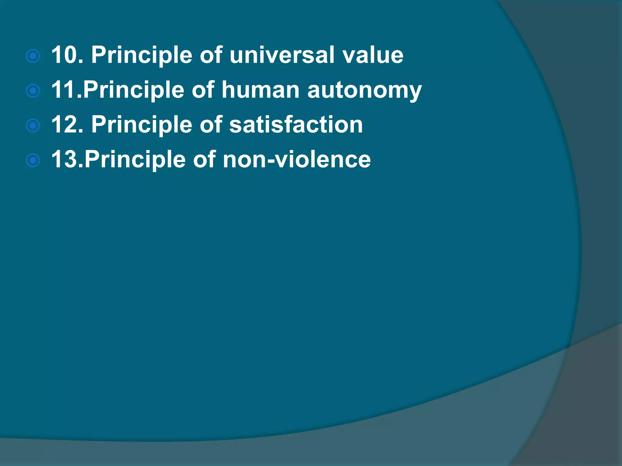 Principles of business ethicsPrinciple of sacredness of ends and meansPrinciple of not to do evil Principle of proportional judgment Attention to best alternative Principle of non-cooperation in evilPrinciple of cooperation with othersPrinciple of publicityPrinciple of equivalent pricePrinciple of consciousness on business