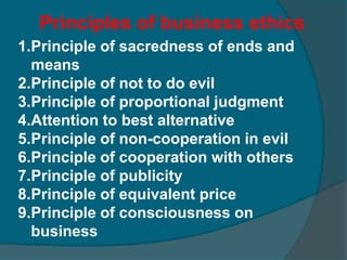 9. A universal philosophy10.Harmony between different roles11.Good intention12.Business ethics is not affected by social approval or disapproval 