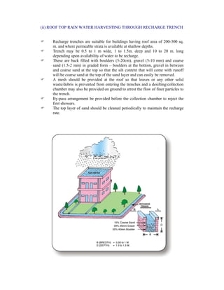 (ii) ROOF TOP RAIN WATER HARVESTING THROUGH RECHARGE TRENCH
Recharge trenches are suitable for buildings having roof area of 200-300 sq.
m. and where permeable strata is available at shallow depths.
Trench may be 0.5 to 1 m wide, 1 to 1.5m. deep and 10 to 20 m. long
depending upon availability of water to be recharge.
These are back filled with boulders (5-20cm), gravel (5-10 mm) and coarse
sand (1.5-2 mm) in graded form – boulders at the bottom, gravel in between
and coarse sand at the top so that the silt content that will come with runoff
will be coarse sand at the top of the sand layer and can easily be removed.
A mesh should be provided at the roof so that leaves or any other solid
waste/debris is prevented from entering the trenches and a desilting/collection
chamber may also be provided on ground to arrest the flow of finer particles to
the trench.
By-pass arrangement be provided before the collection chamber to reject the
first showers.
The top layer of sand should be cleaned periodically to maintain the recharge
rate.
 