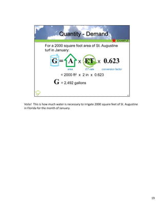 Voila! This is how much water is necessary to irrigate 2000 square feet of St. Augustine 
in Florida for the month of January.




                                                                                            19
 