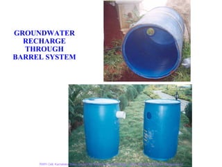 GROUNDWATER
  RECHARGE
  THROUGH
BARREL SYSTEM




     RWH Cell, Karnataka State Council for Science and Technology, Indian Institute of Science, Bangalore-12
 